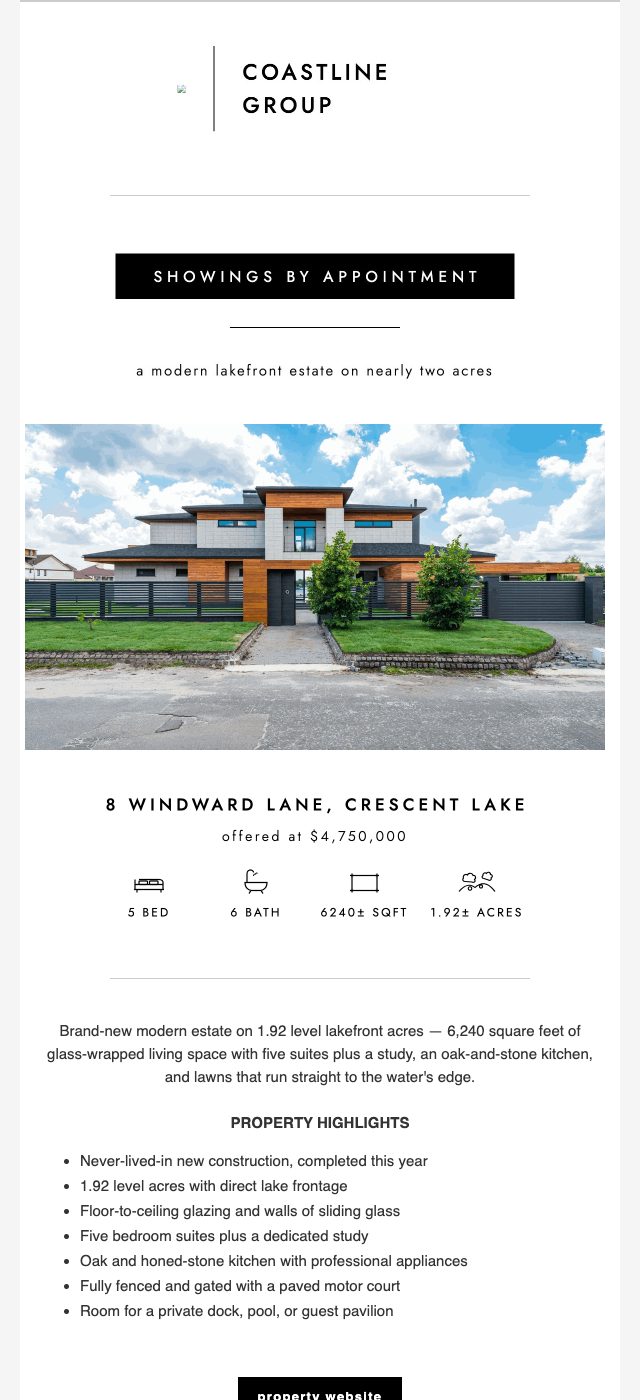 Listing announcement email